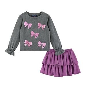 Andy & Evan Graphic Bow Top and Sparkly Purple Skirt Set